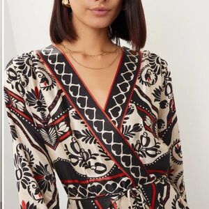 FARM Rio Cream, Black & Red Printed Mini Passion Scarf Wrap Dress XS
